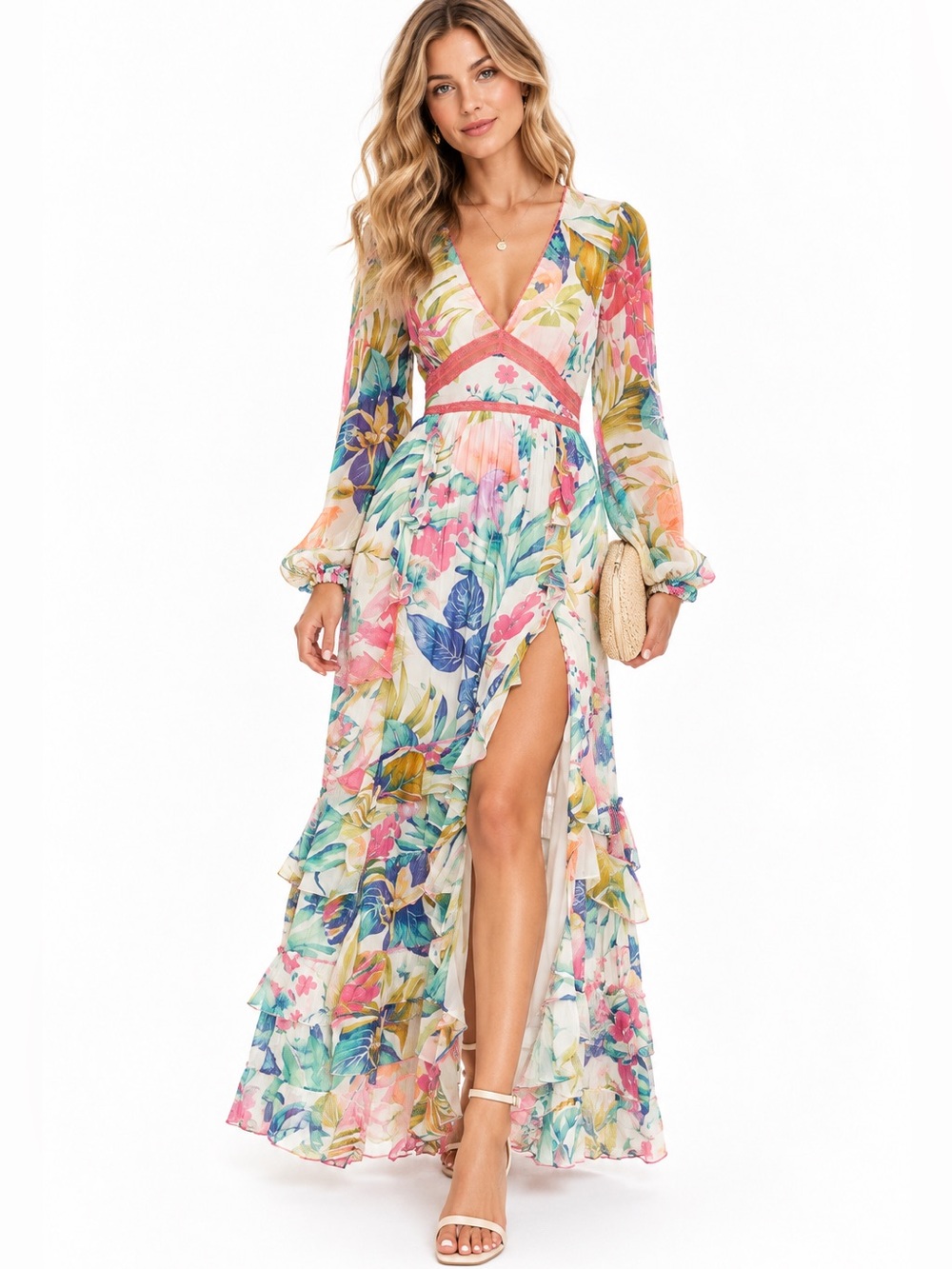 Rococo Sand Zazu Maxi Dress Motley Tropical Floral Ruffle Boho S NWOT